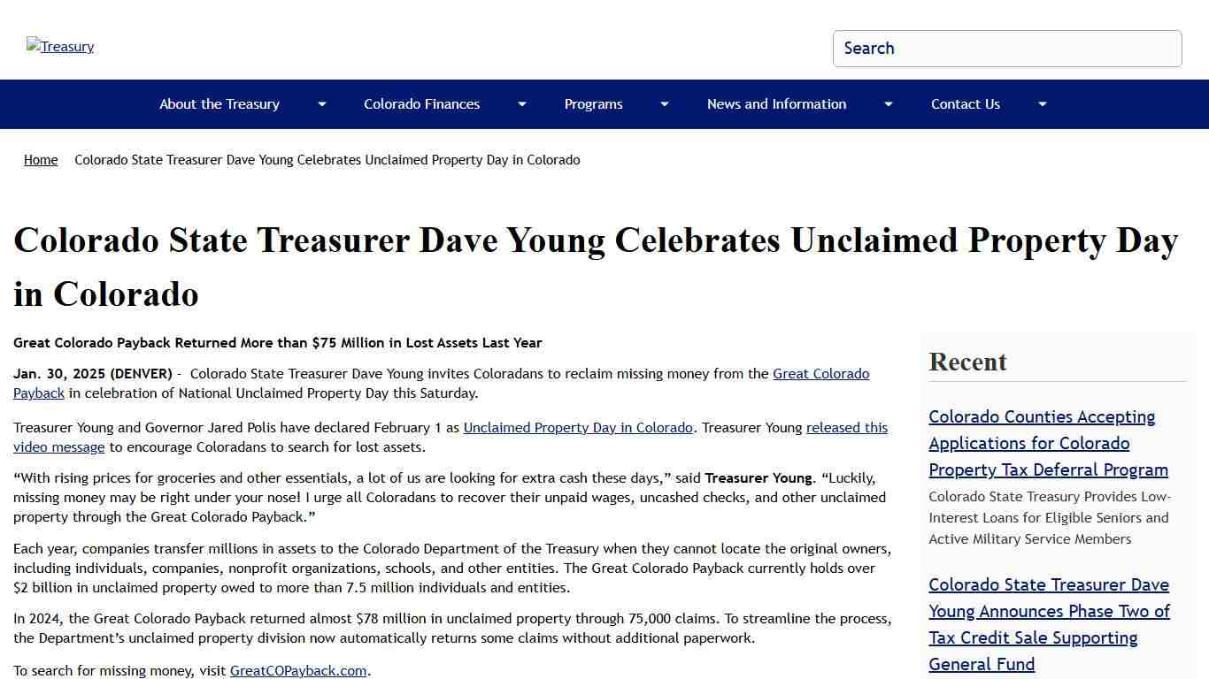 Colorado State Treasurer Dave Young Celebrates Unclaimed Property Day in Colorado | Treasury